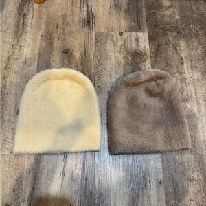 Brown and yellow faux fur beanies